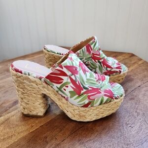 LULUS Ervyn Paradise Tropical Print Raffia Espadrille Platform Slide Sandals 7.5